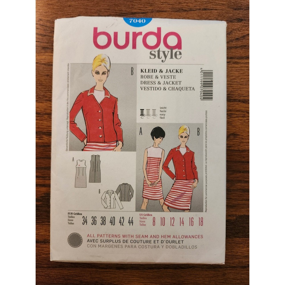 Burda Style 7040 Sewing Pattern Dress and Jacket Sizes 8-18 Easy Jersey Knit
